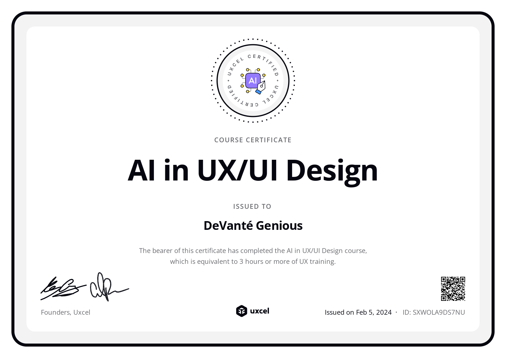 DeVanté Genious's certificate